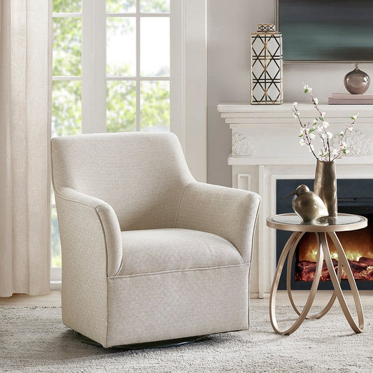 Swivel Glider Chair, Cream Polyester, Flared Arms with Metal Base