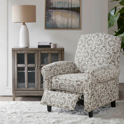 Push Back Recliner Chair, Gray Printed Polyester, Black Solid Wood