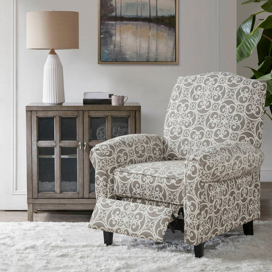 Push Back Recliner Chair, Gray Printed Polyester, Black Solid Wood