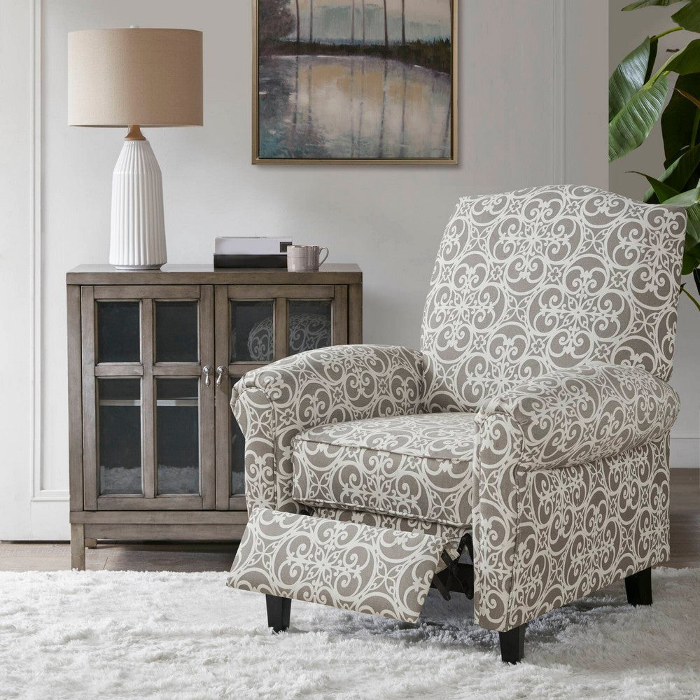 Push Back Recliner Chair, Gray Printed Polyester, Black Solid Wood