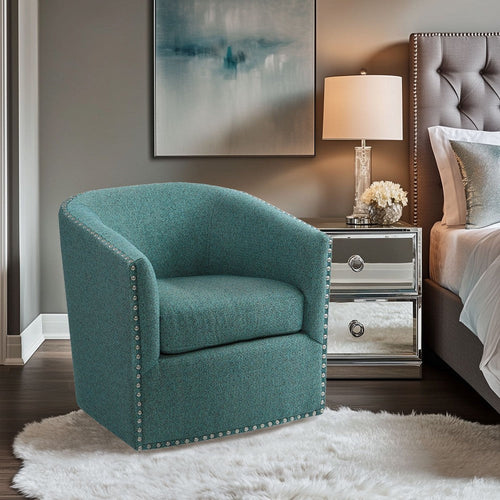 Swivel Accent Chair, Barrel, Teal Blue Polyester, Nailhead Trim