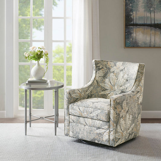 Swivel Glider Armchair, Curved Tufted Back, Blue Floral Printed