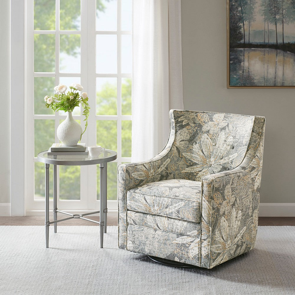 Swivel Glider Armchair, Curved Tufted Back, Blue Floral Printed