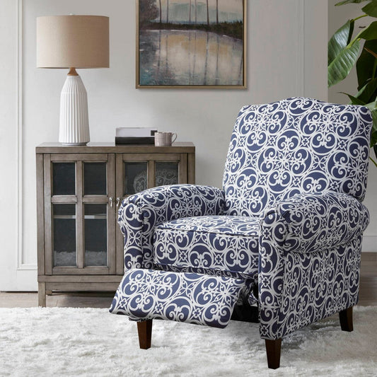 Push Back Recliner, Navy Blue Fretwork Print Fabric, Rolled Arms