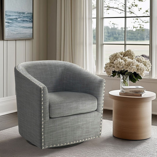 Swivel Accent Chair, Barrel, Gray Polyester, Nailhead Trim