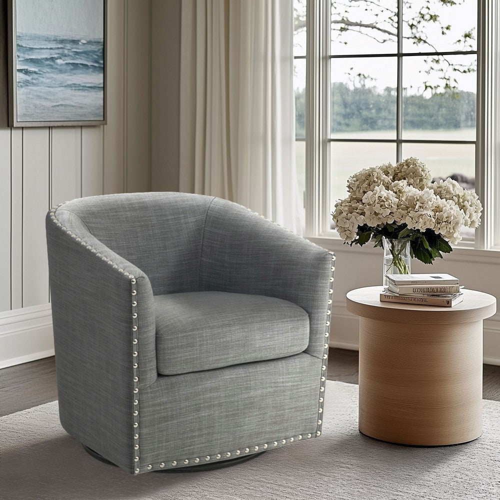 Swivel Accent Chair, Barrel, Gray Polyester, Nailhead Trim