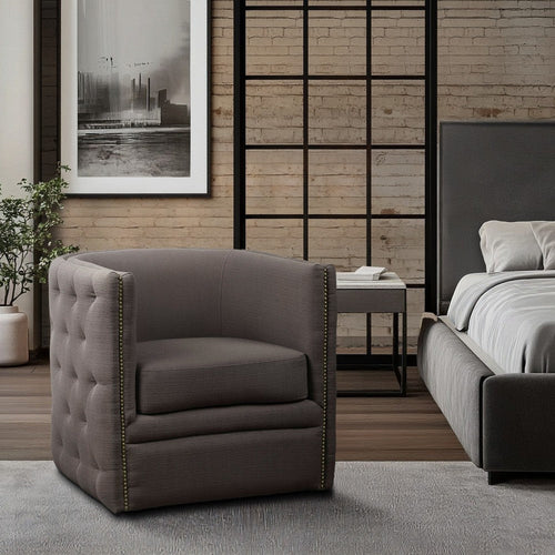 Swivel Accent Chair, Barrel Back, Button Tufted, Nailhead, Gray