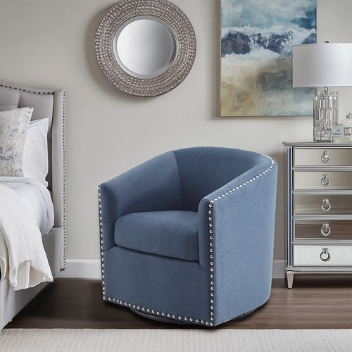 Swivel Accent Chair, Barrel, Blue Polyester, Nailhead Trim