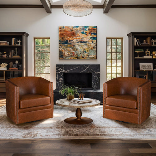 Swivel Barrel Back Chair, Tufted Arms, Brown Faux Leather