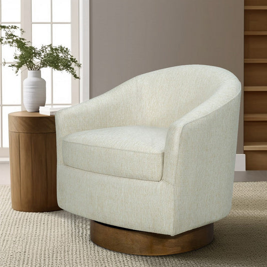 Swivel Accent Chair,  Cream Woven Polypropylene, Round Wood Base