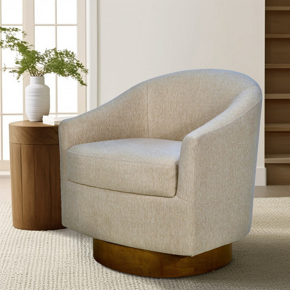 Swivel Accent Chair, Tan Woven Polypropylene, Round Wood Base