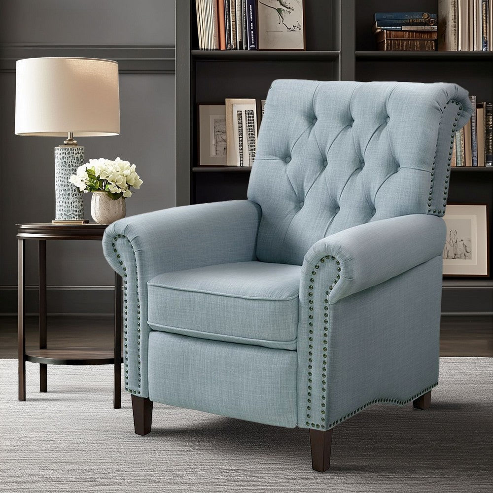 Manual Push Back Accent Chair, Blue Polyester, Nailhead Trim