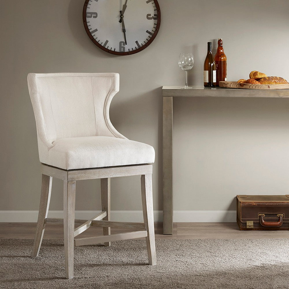 26" Swivel Counter Height Chair, Cream Polyster Fabric, Wood Legs