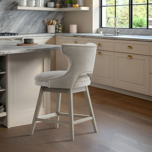 26" Swivel Counter Height Chair, Curved Back, Light Gray Fabric