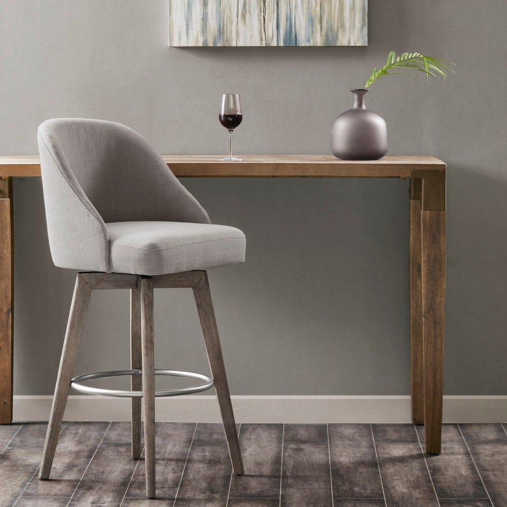 30" Swivel Bar Height Chair, Gray Polyster, Metal Ring Footrest