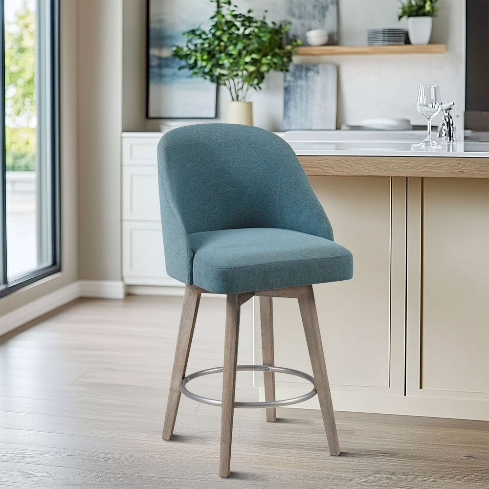 26" Counter Height Chair, Blue Polyester, Metal Ring Footrest