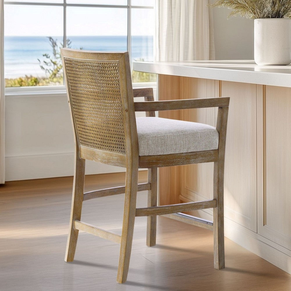 26" Counter Height Chair, Natural Rattan Back, Cushioned Seat