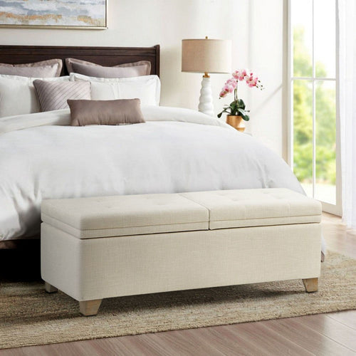 Storage Bench, Tufted Beige Polyester, 53" Reclaimed Brown Wood