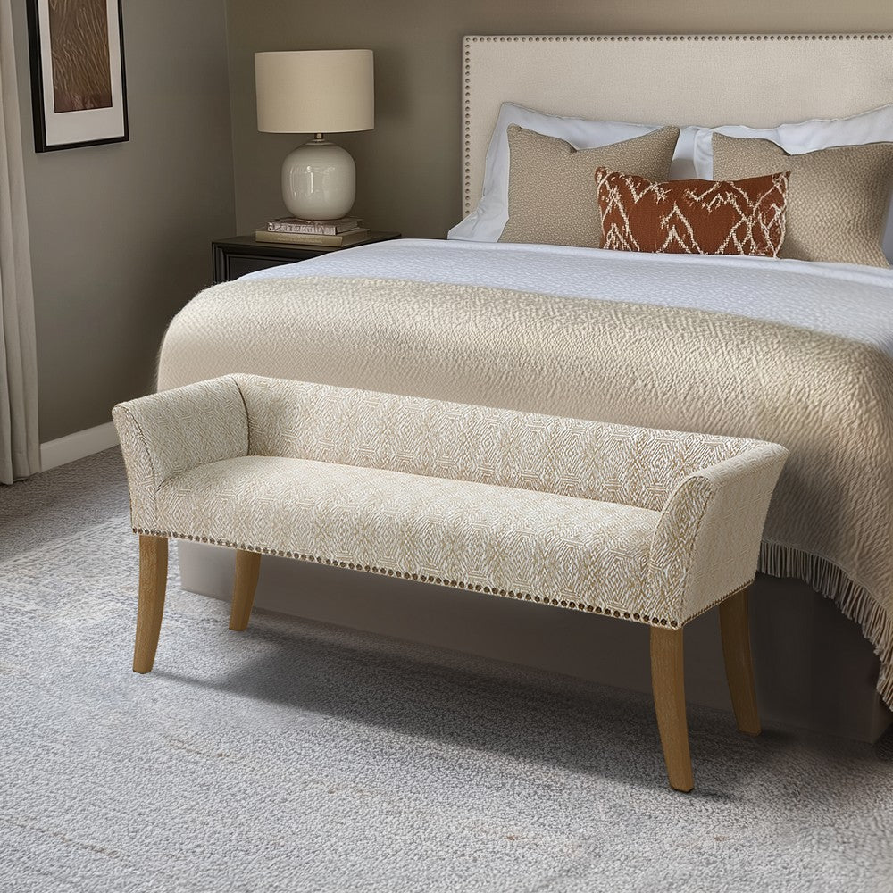 Accent Bench, Flared Arms, Nailheads, Taupe & Beige Polyester, 50"