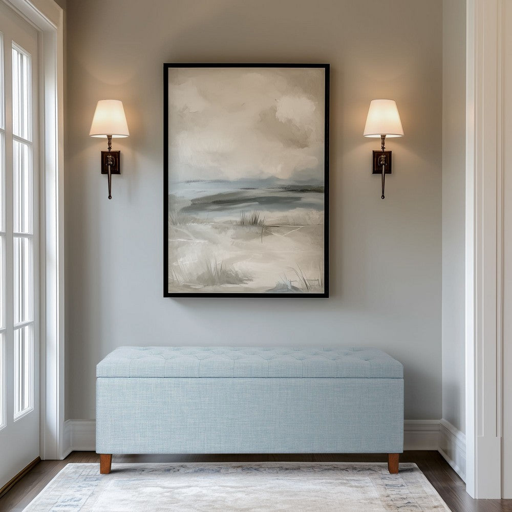 Storage Bench, 49" Button Tufted Padded Top, Light Blue Polyester