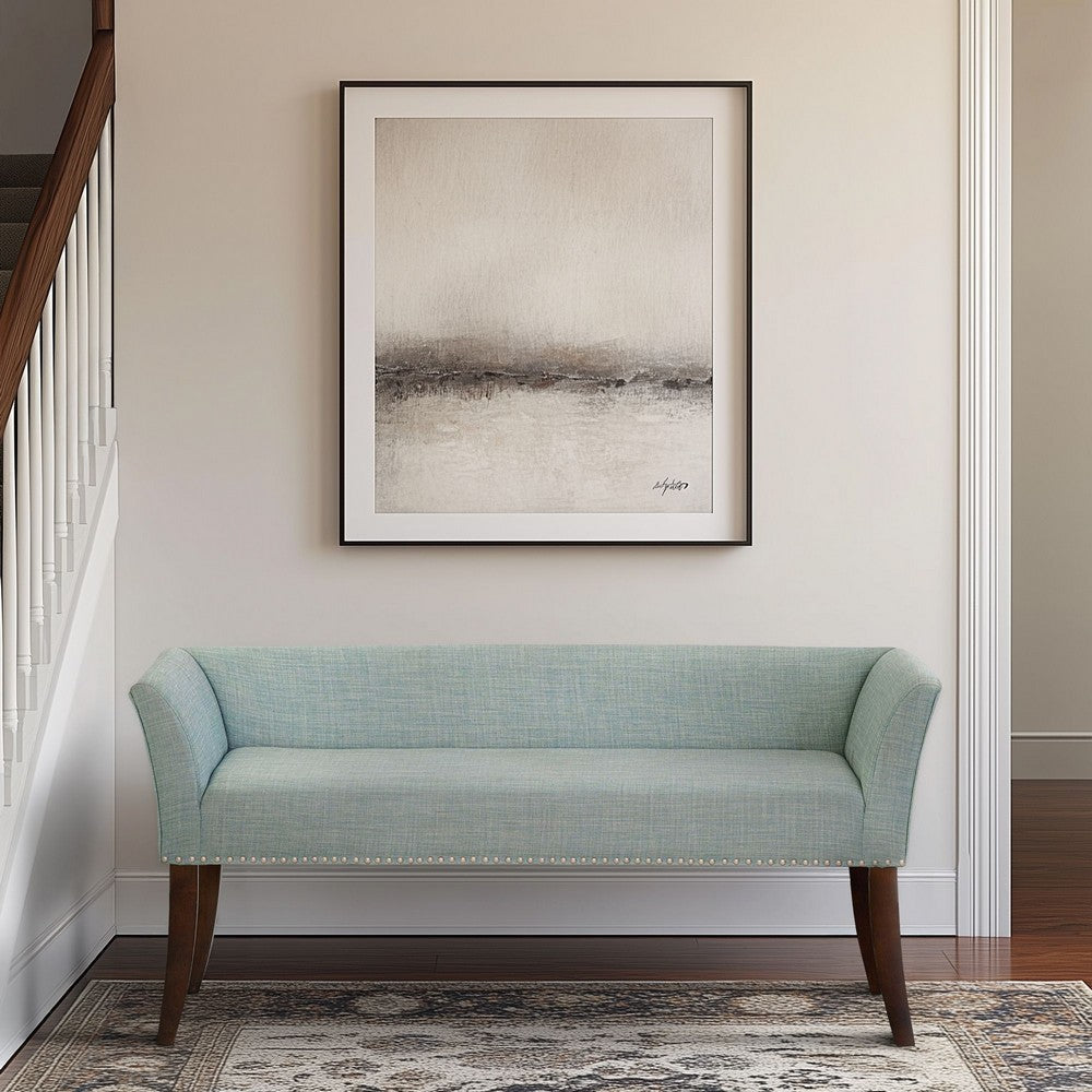 Bench w Back, 50", Morroco Brown Wood Legs, Light Blue Polyester