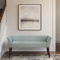 Bench w Back, 50", Morroco Brown Wood Legs, Light Blue Polyester