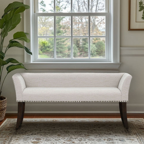 Bench w Back, 50", Morroco Brown Wood Legs, Cream White Polyester