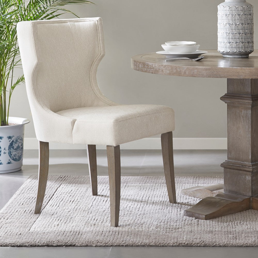 Dining Side Chair, Cream Polyester, Wingback, Reclaimed Wood Legs
