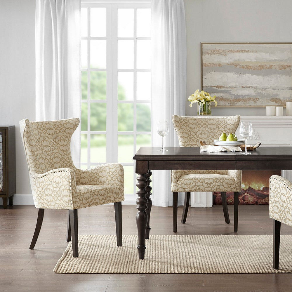 Dining Armchair Set of 2, Tan Printed Wingback, Brown Wood Frame
