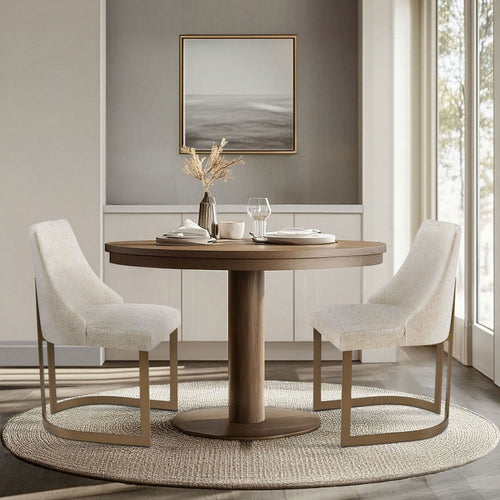 Dining Side Chair Set of 2, Cream Cushions, Brown Metal Curved Base