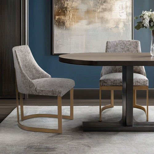 Dining Side Chair Set of 2, Gray Cushions, Brown Metal Curved Base