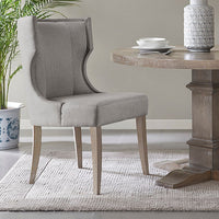 Dining Side Chair, Gray Polyester, Wingback, Reclaimed Wood Legs