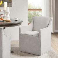 Dining Arm Chair, Gray Woven Polyester, Hidden Rolling Casters