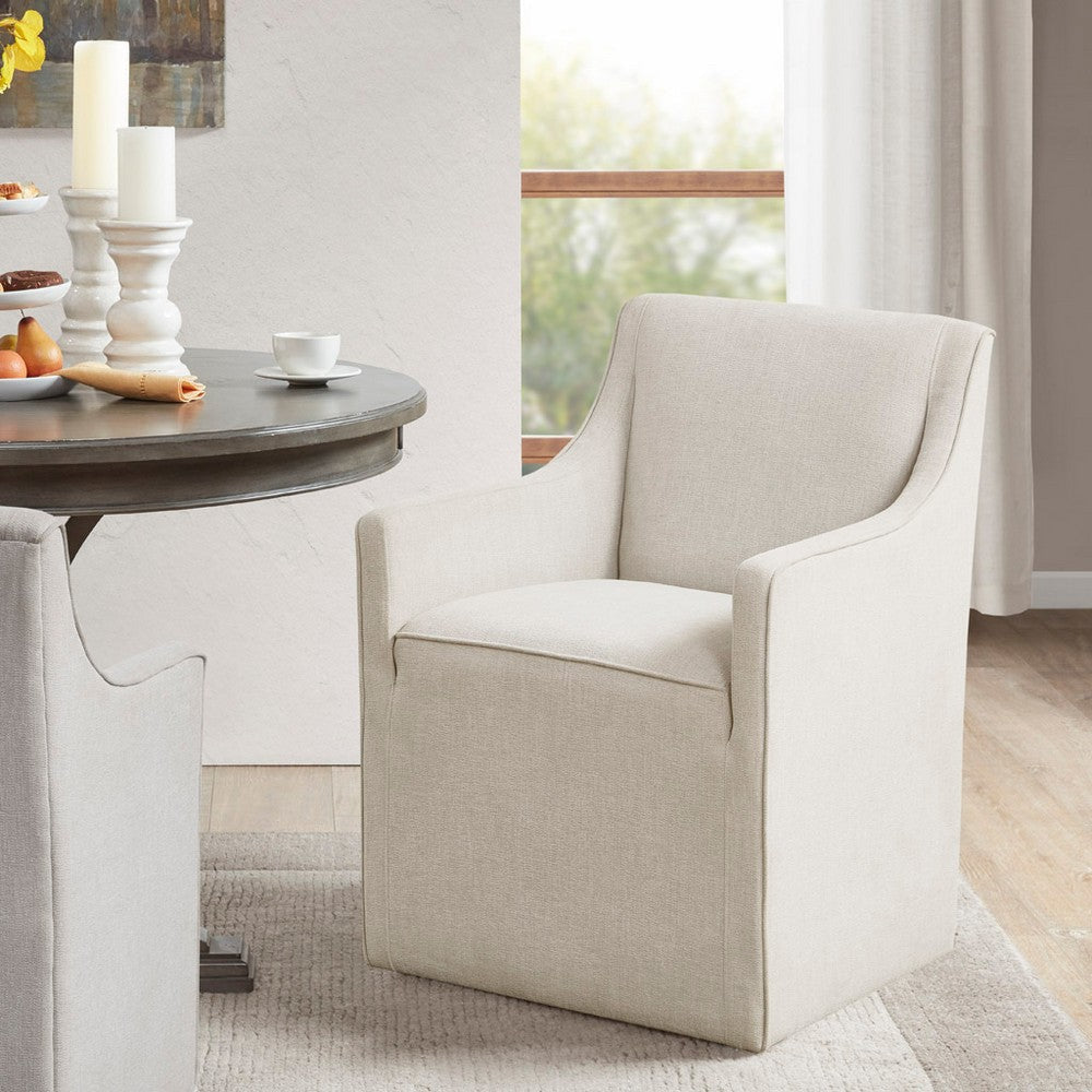 Dining Arm Chair, Cream Woven Polyester, Hidden Rolling Casters