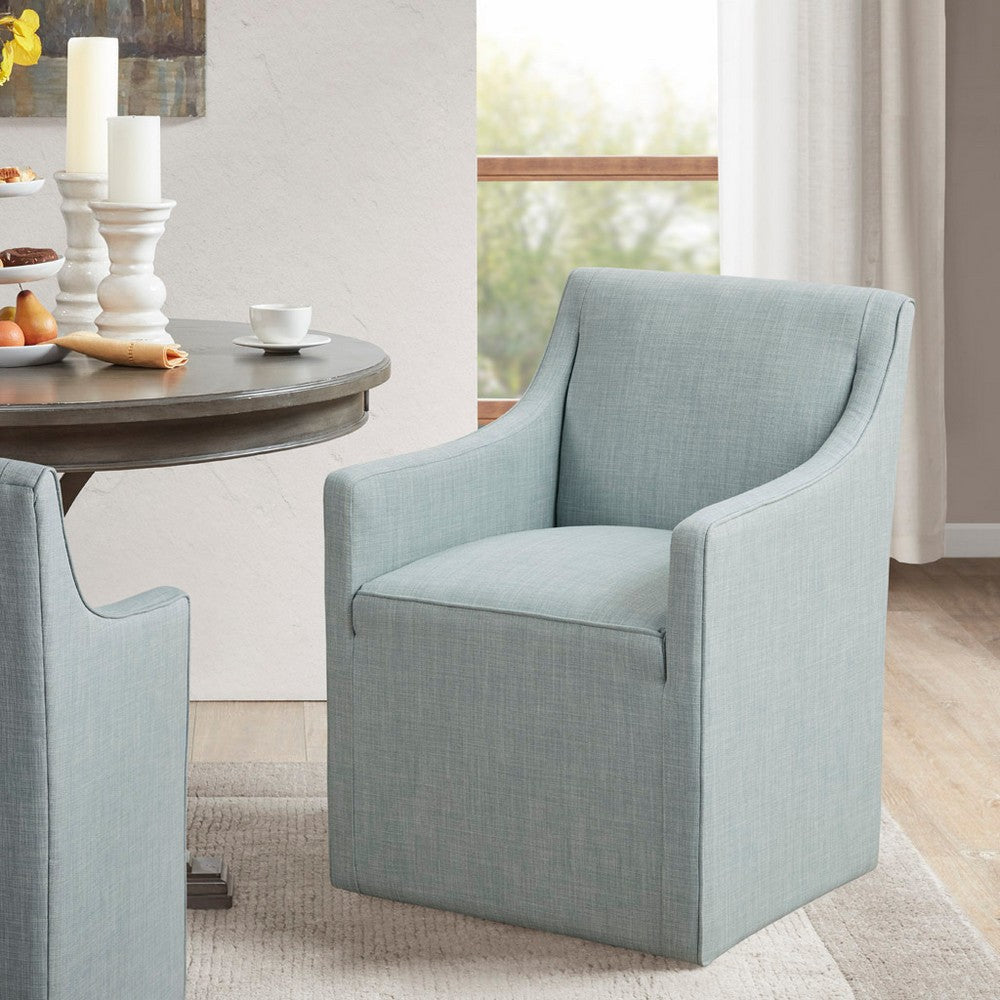 Dining Arm Chair, Blue Woven Polyester, Hidden Rolling Casters