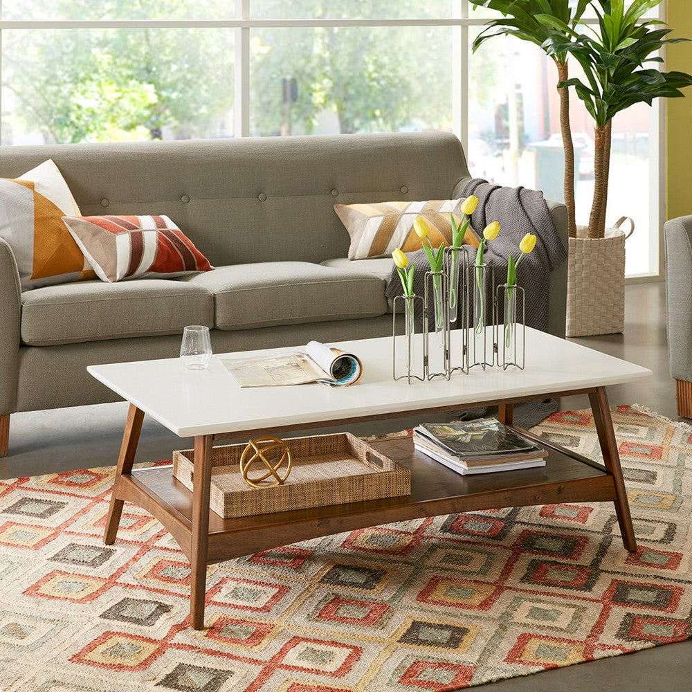 Coffee Table, 48" Off White Top w Lower Shelf, Pecan Brown Base