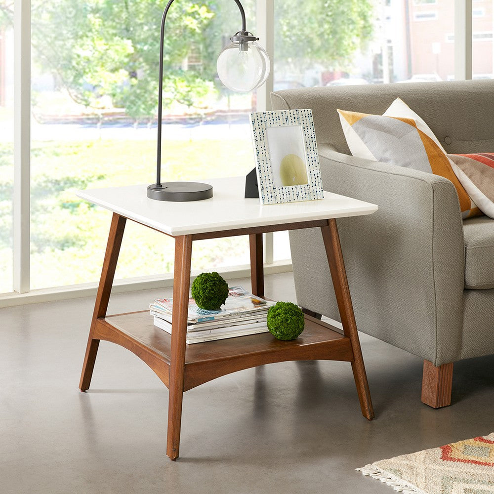 Side End Table, 24" Off White Top w Lower Shelf, Pecan Brown Base