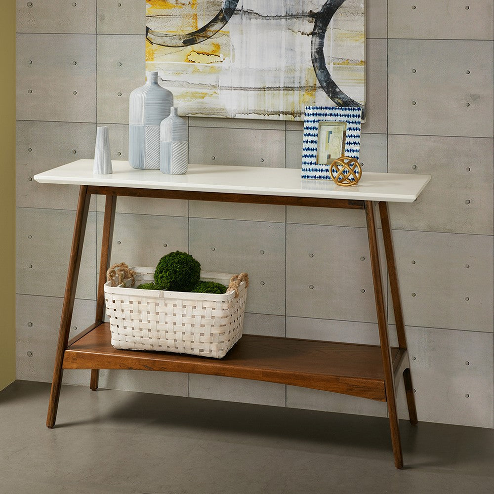 Sofa Console Table, 48" Off White Top w Shelf, Pecan Brown Base