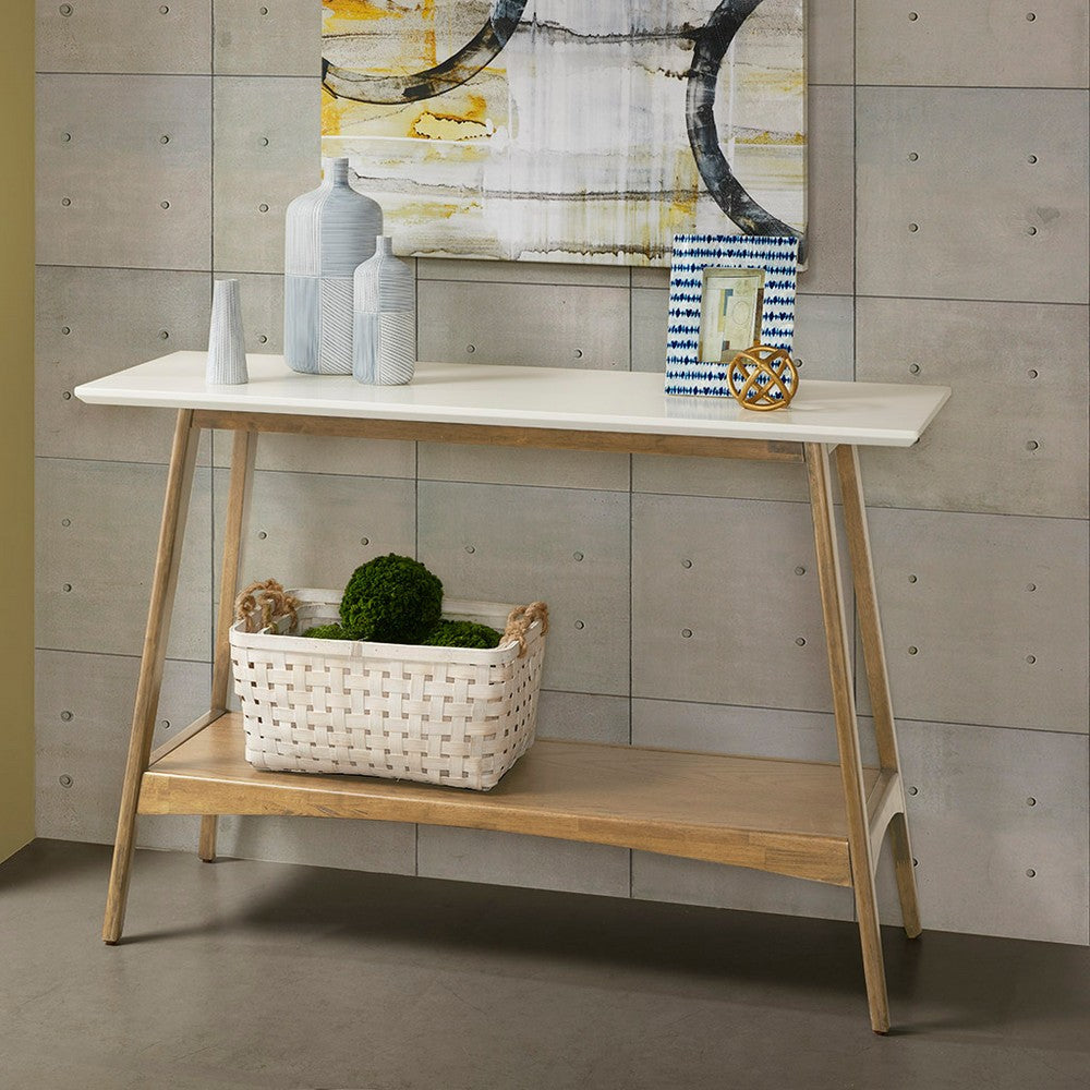 Sofa Console Table, 48" MDF Off White Top and Natural Brown Shelf