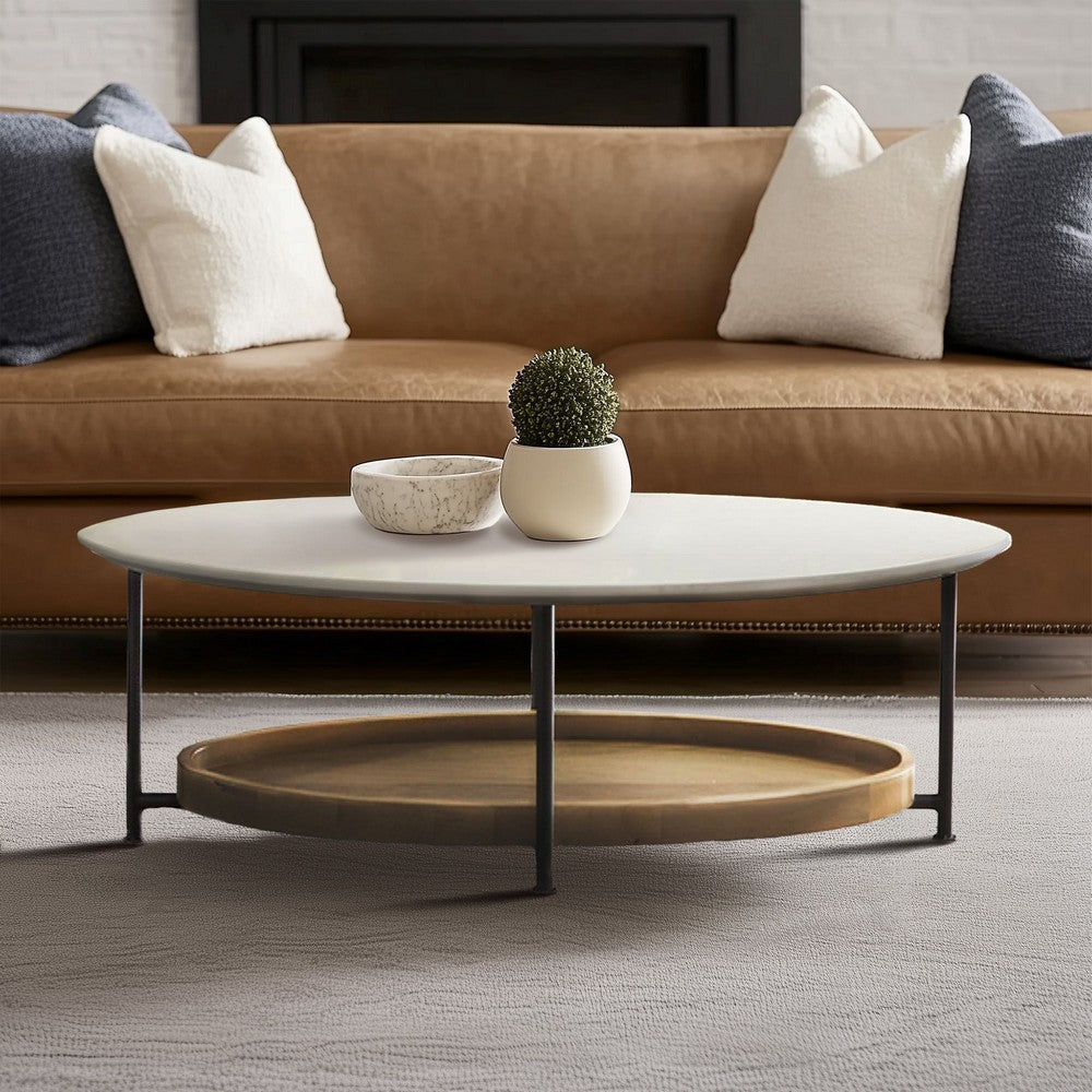 2 Tier Coffee Table, White MDF Oval Top, Bottom Shelf, Metal Legs