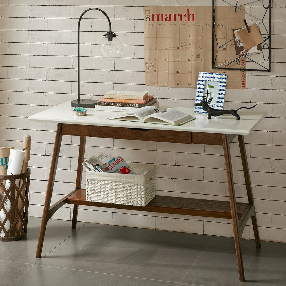 Writing Desk, 48" Off White Top w Lower Shelf, Angled Pecan Base