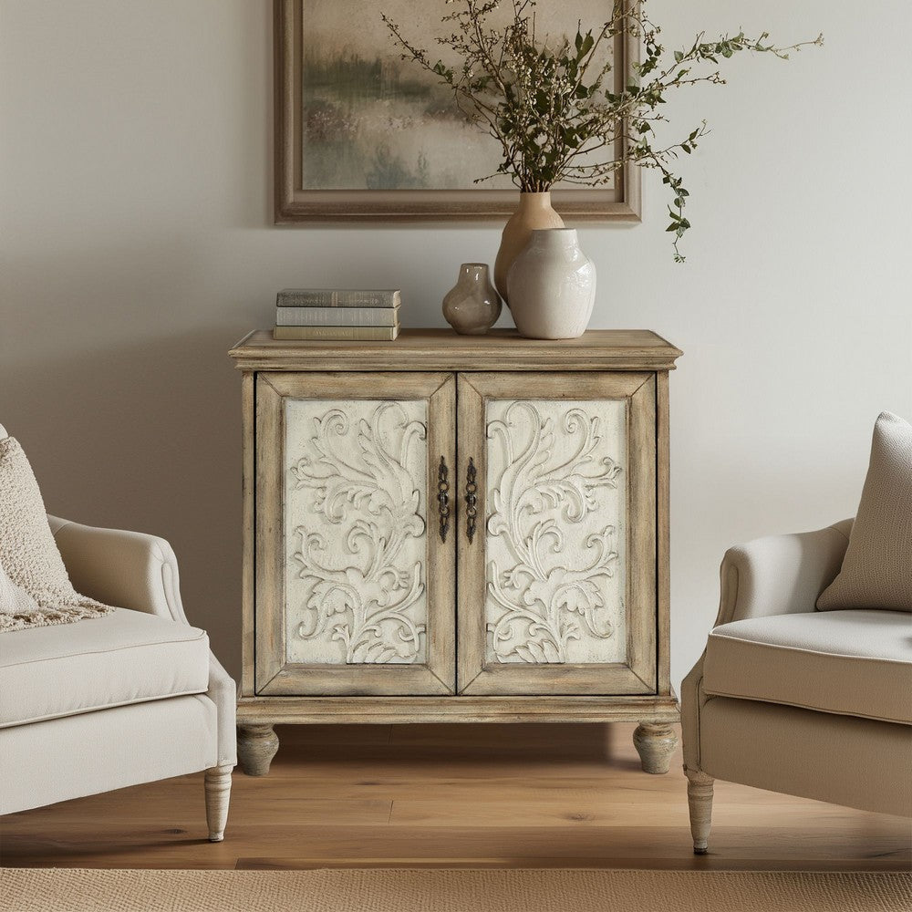 Accent Cabinet, 2 Carved Doors, 36" Distress Natural Brown & Cream