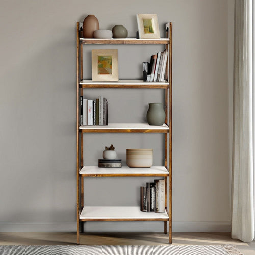 Modern 5 Tier Bookcase, Off White Shelves w Pecan Base, 73 Inch