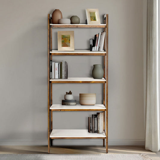 Modern 5 Tier Bookcase, Off White Shelves w Pecan Base, 73 Inch