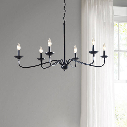6-Light Chandelier, Matte Black Metal Frame, Farmhouse Style