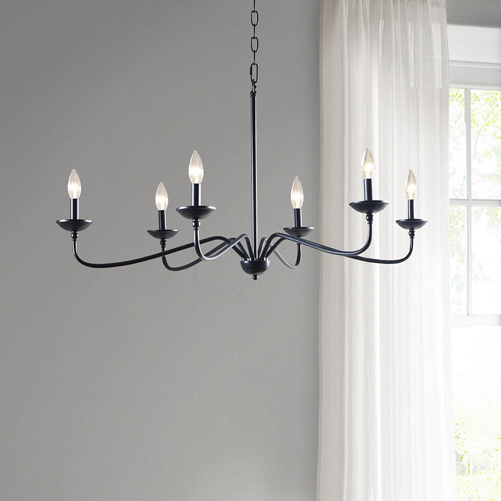 6-Light Chandelier, Matte Black Metal Frame, Farmhouse Style