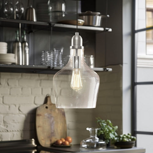 Pendant Light, Bell Glass Shade with Adjustable Hanging Cord, Silver