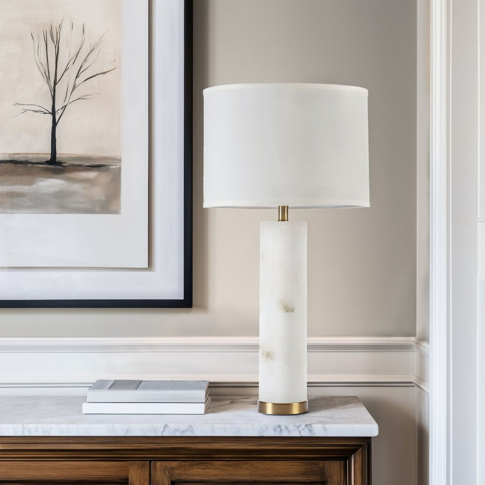 Table Lamp, Drum Shade with Natural Alabaster base, White