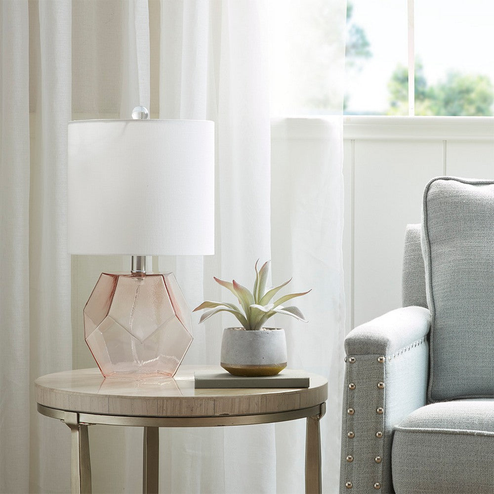 Table Lamp with White Cotton Drum Shade, Pink Geometric Glass Body