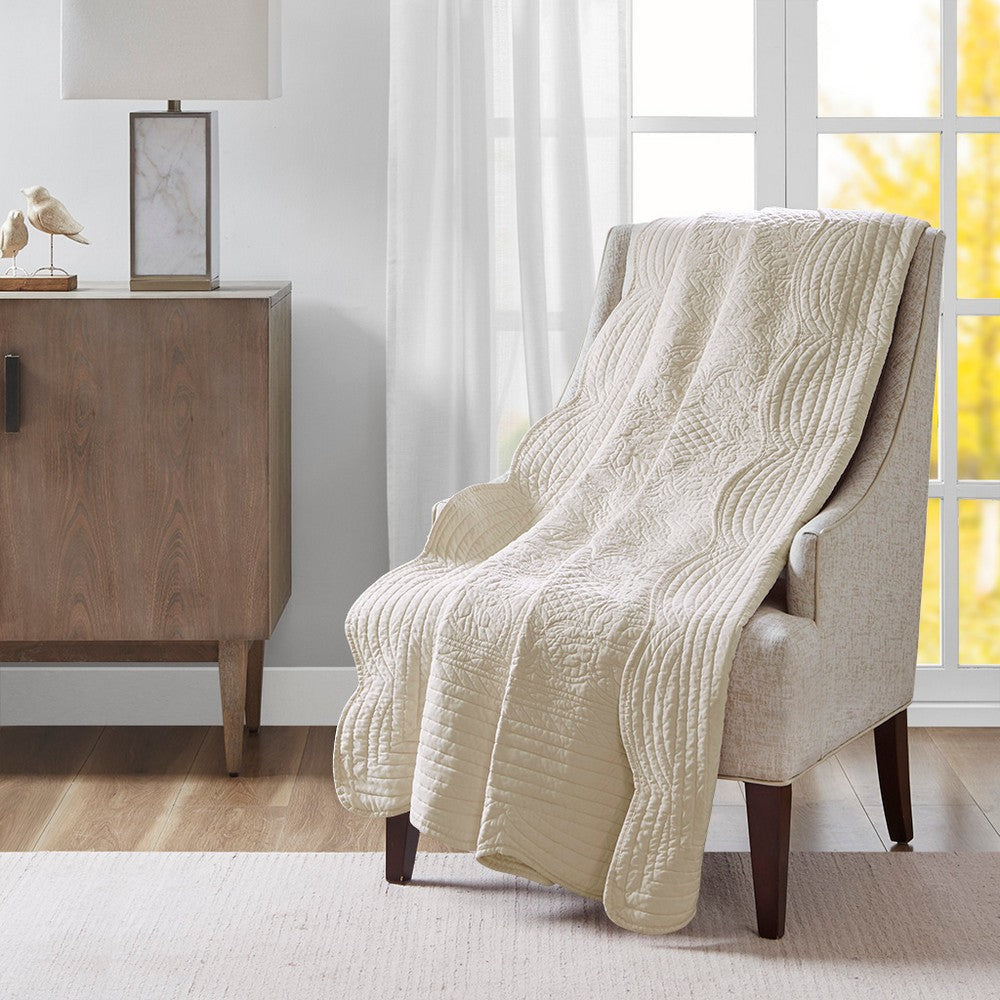Quilted Throw Blanket, Scalloped Edges, Cream Polyester Microfiber